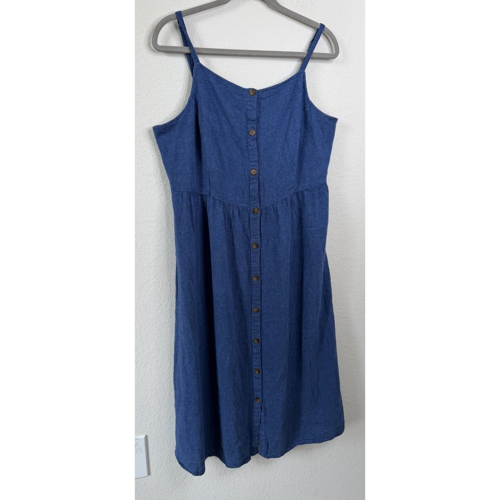 Old Navy Linen Blend Midi Dress Chambray Blue Button Front Strappy Sz XL Coastal - Picture 2 of 8